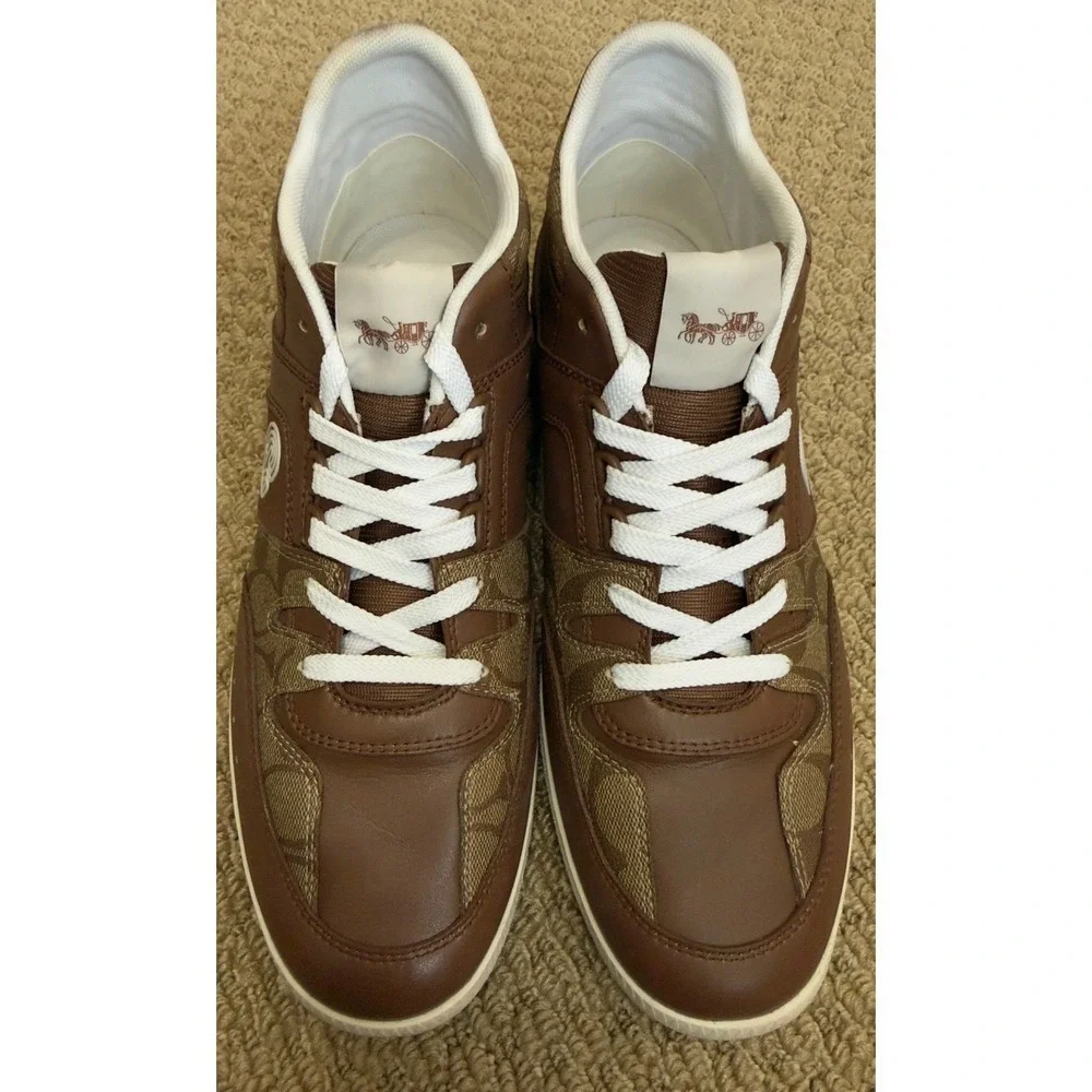 Coach Mens Signature Monogram Leather Low Top Sneakers Brown White Size 11